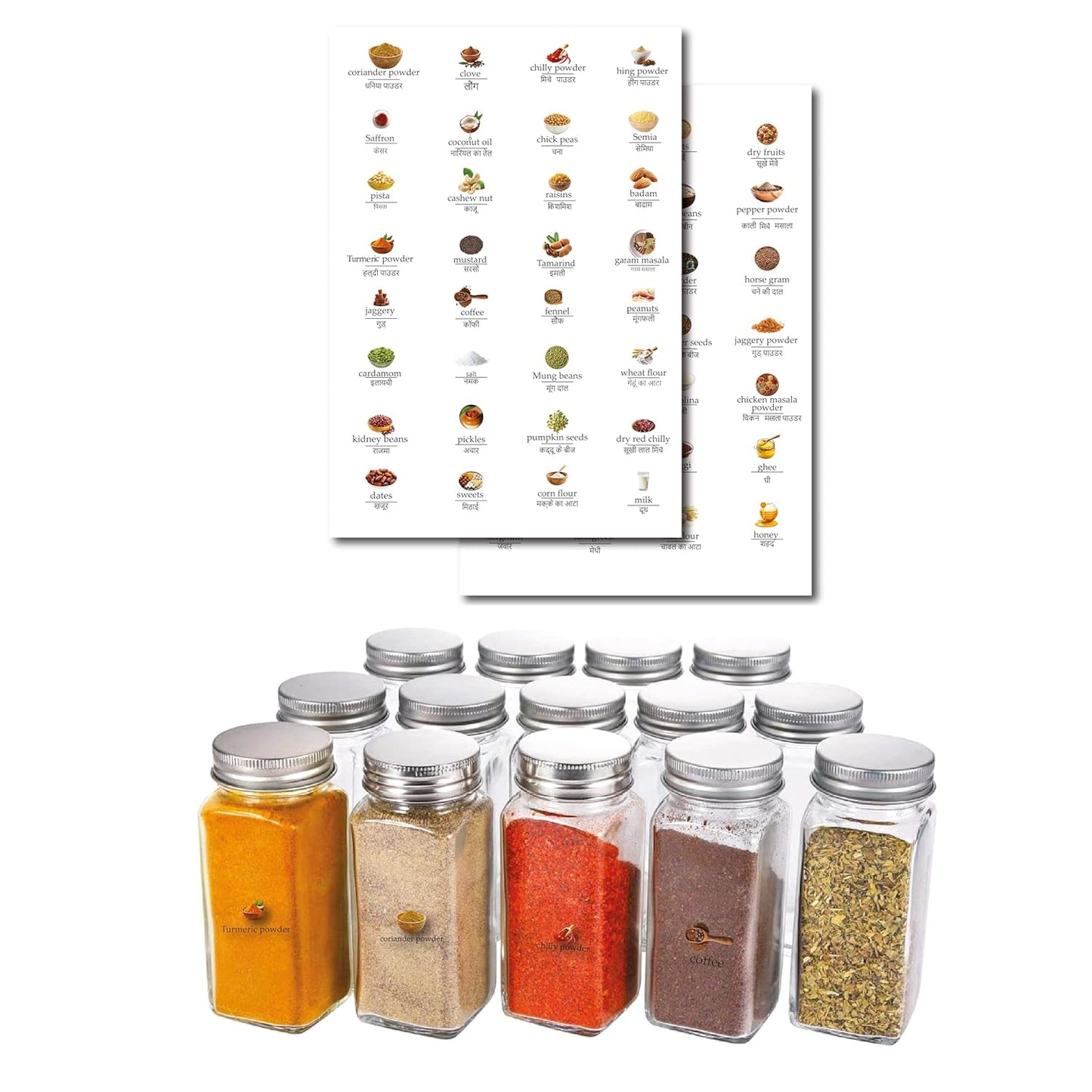 UK-0854 Kitchen Container Sticker | Kitchen Label Sticker Hindi English with Picture for Jar Glass Bottle Home Organiser