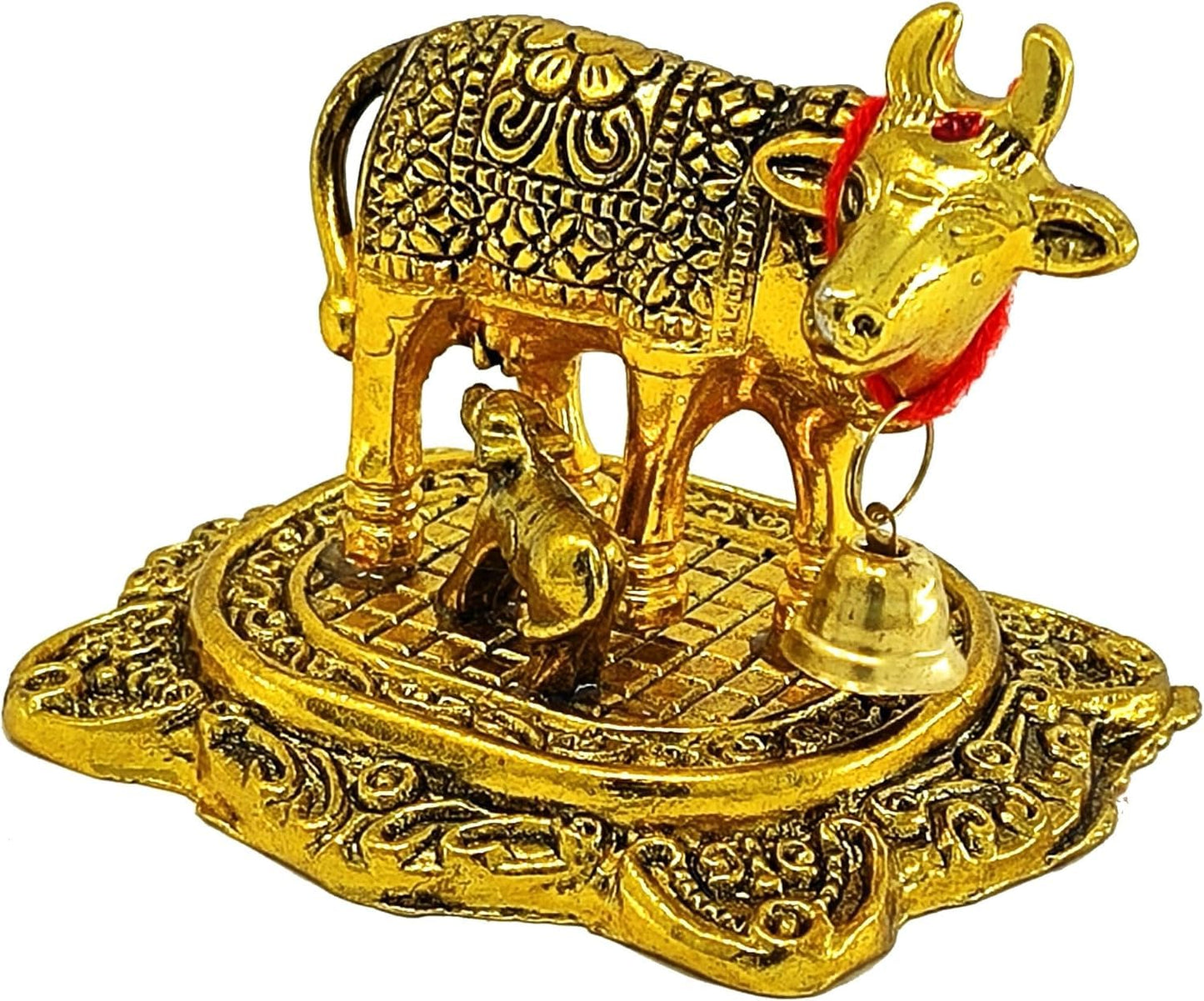 UK-0994 Golden Kamdhenu Cow and Calf Idol for Home Decor | Decorative Showpiece for Mandir, Office & Gift Purpose
