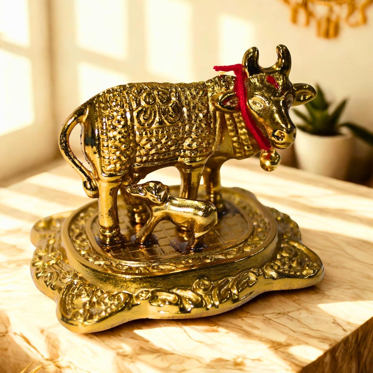 UK-0994 Golden Kamdhenu Cow and Calf Idol for Home Decor | Decorative Showpiece for Mandir, Office & Gift Purpose