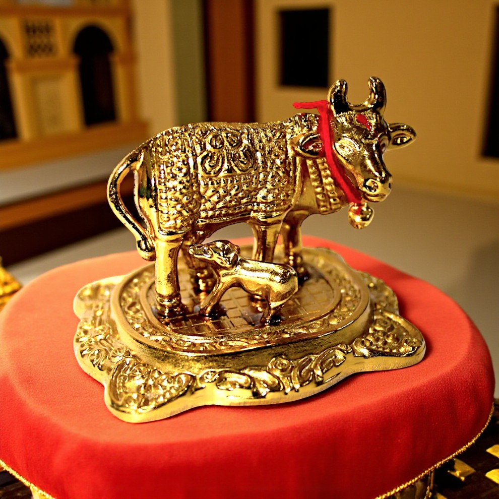 UK-0994 Golden Kamdhenu Cow and Calf Idol for Home Decor | Decorative Showpiece for Mandir, Office & Gift Purpose