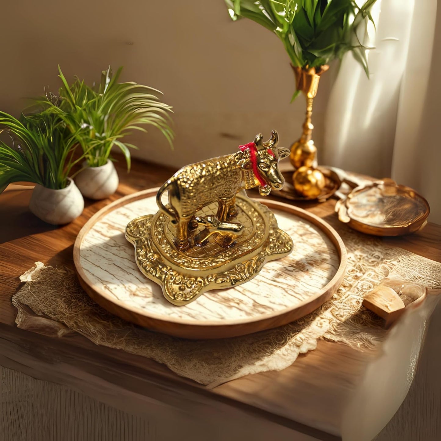 UK-0994 Golden Kamdhenu Cow and Calf Idol for Home Decor | Decorative Showpiece for Mandir, Office & Gift Purpose