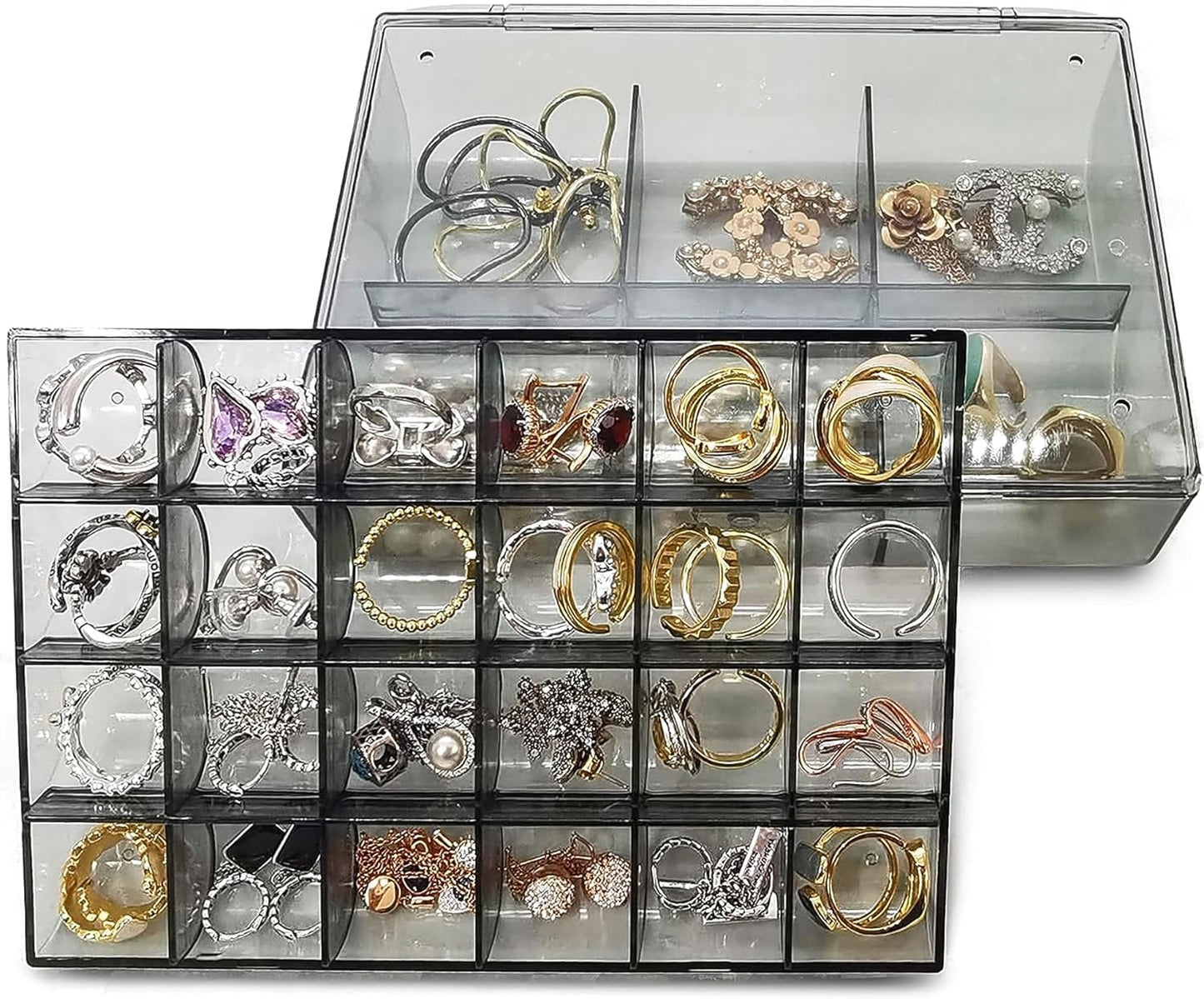 UK-0355 Clear Acrylic Jewelry Organizer Box with 2 Drawers and 30 Compartments, Small Dustproof Jewelry Box for Women and Girls, Earring Display Holder