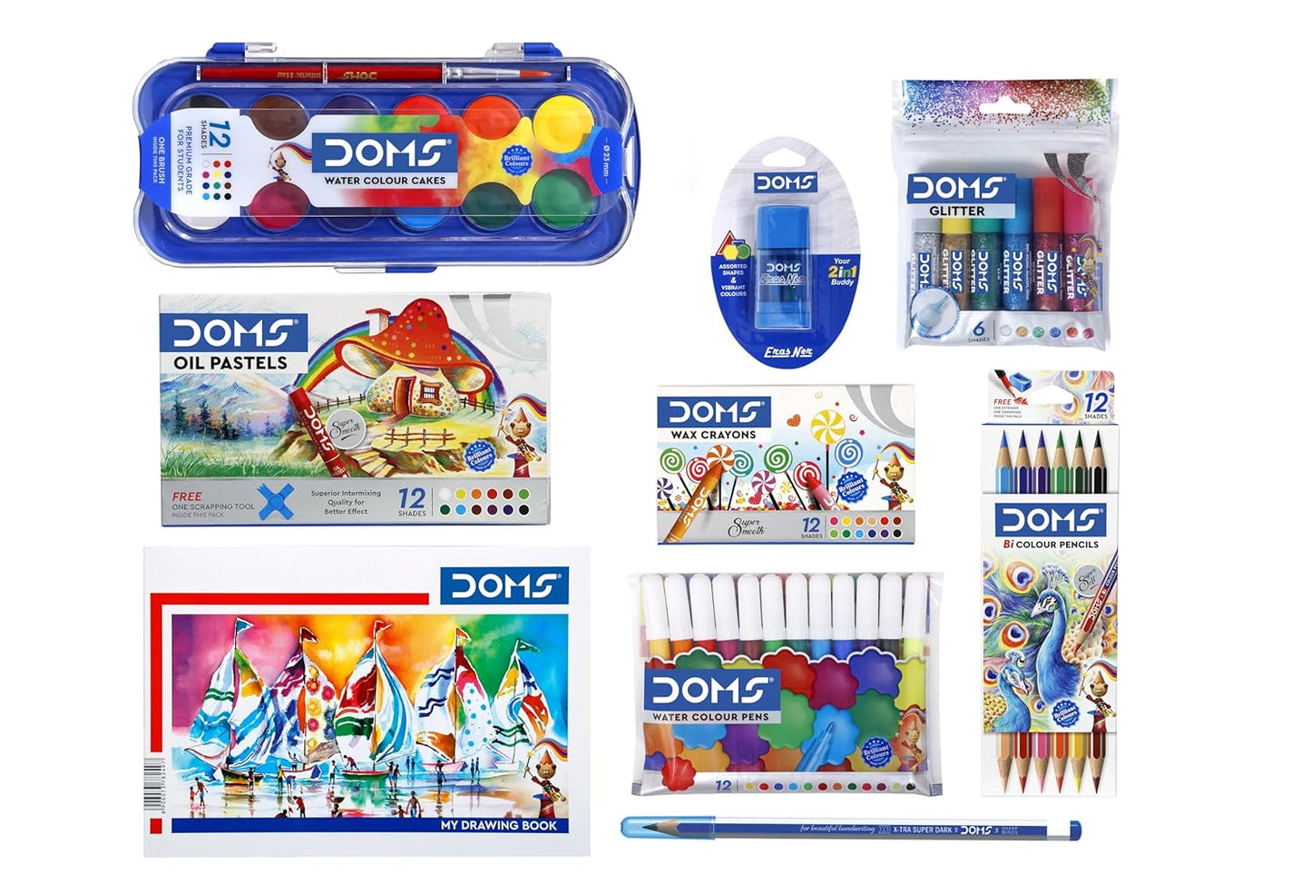 UK-0989 Doms Painting Kit | Perfect Value Pack | Kit for School Essentials | Gifting Range for Kids | Combination of 9 Painting & Coloring Items