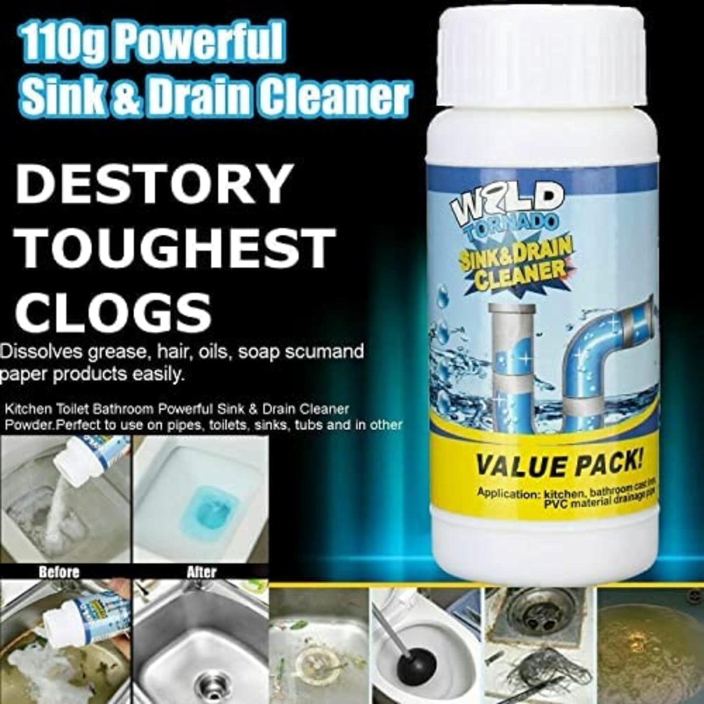 UK-0363 Powerful Sink and Drain Cleaner, Portable Powder Cleaning Tool Super Clog Remover Chemical Powder Agent for Kitchen Toilet Pipe Dredging