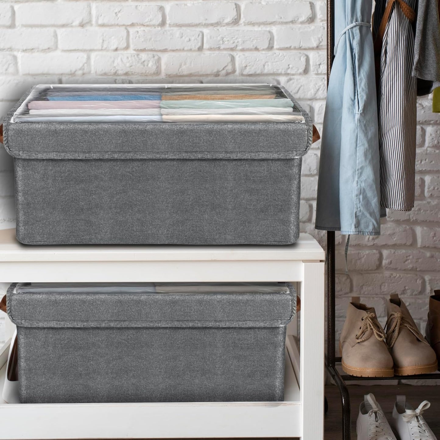 UK-0855 Storage Bins With Lids, Transparent Lids Window Fabric Storage Boxes, Foldable Storage Baskets With Handles, Closet Organizers And Storage Bins For Clothes