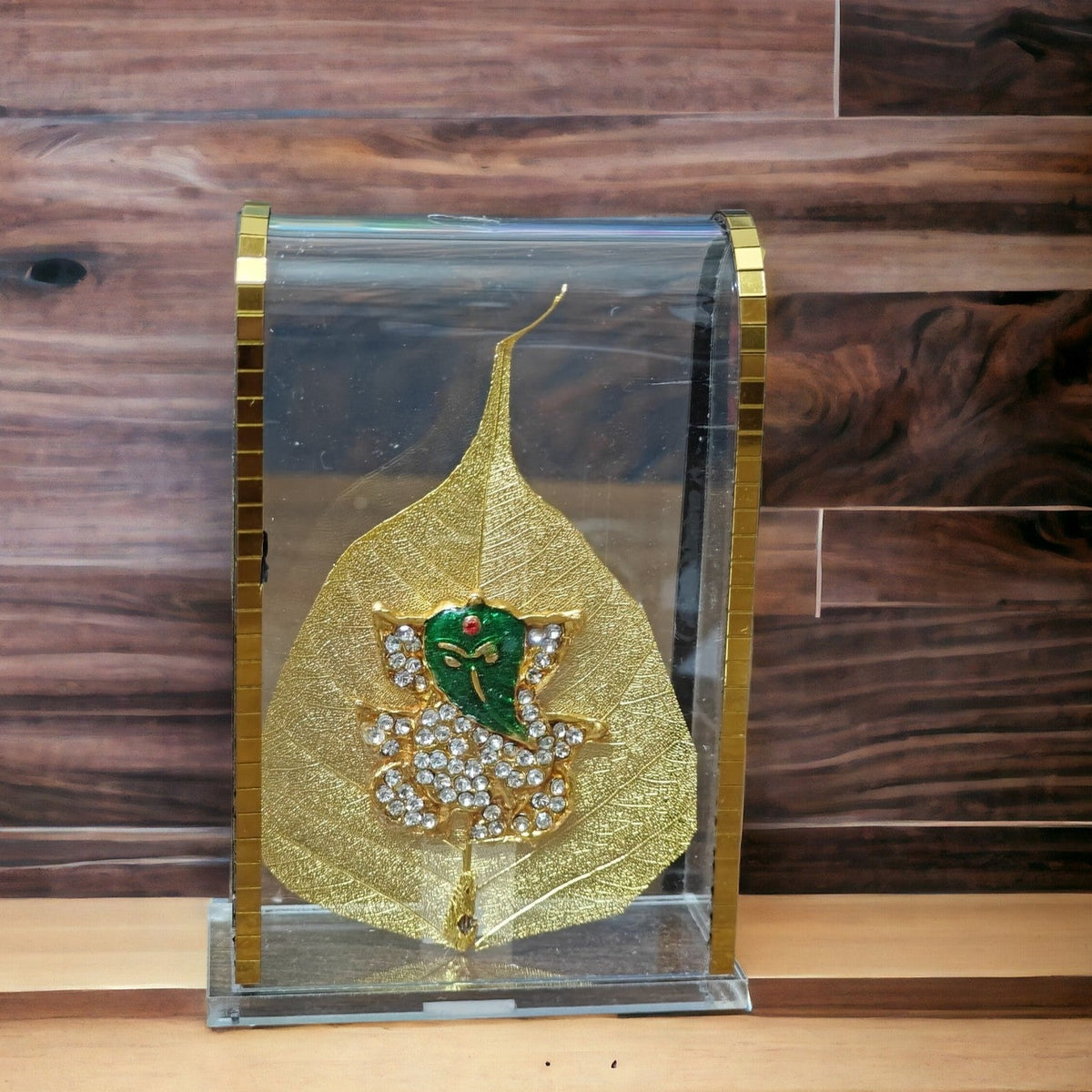 UK-0311 Car Dashboard Original pipal leaf with gold plated Idol Golden Lord Hindu Figurine Show peace Murti Idol Statue for office or home (MIX GOD )