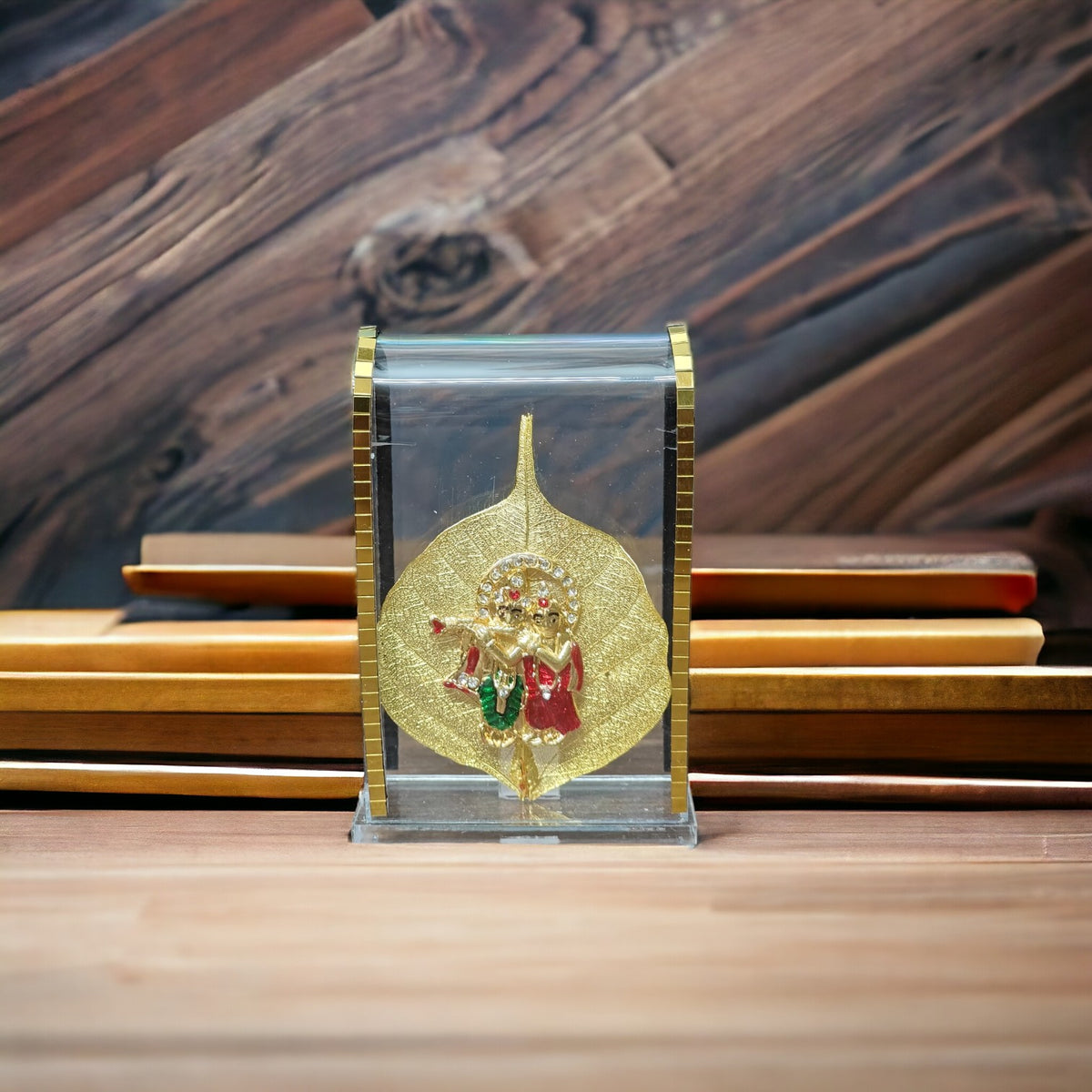 UK-0311 Car Dashboard Original pipal leaf with gold plated Idol Golden Lord Hindu Figurine Show peace Murti Idol Statue for office or home (MIX GOD )