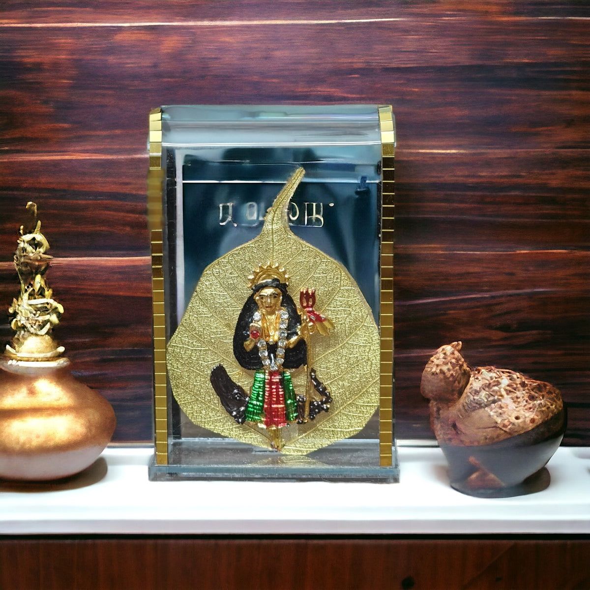 UK-0311 Car Dashboard Original pipal leaf with gold plated Idol Golden Lord Hindu Figurine Show peace Murti Idol Statue for office or home (MIX GOD )