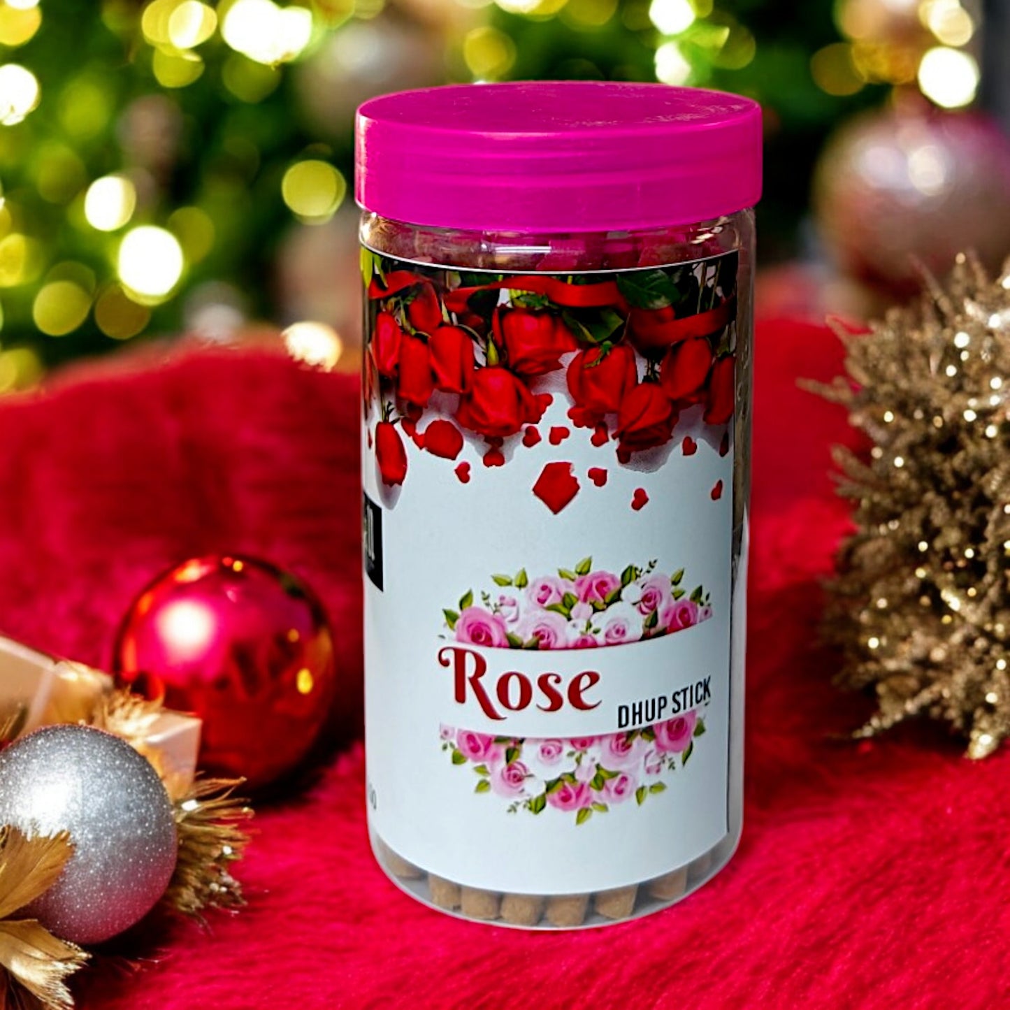 UK-0744 ROSE Dhoop Batti Sticks with dhoop Stand Holder in Box , Dhoop for Pooja, 1 Jar X 100g (buy 1 get 1 free)
