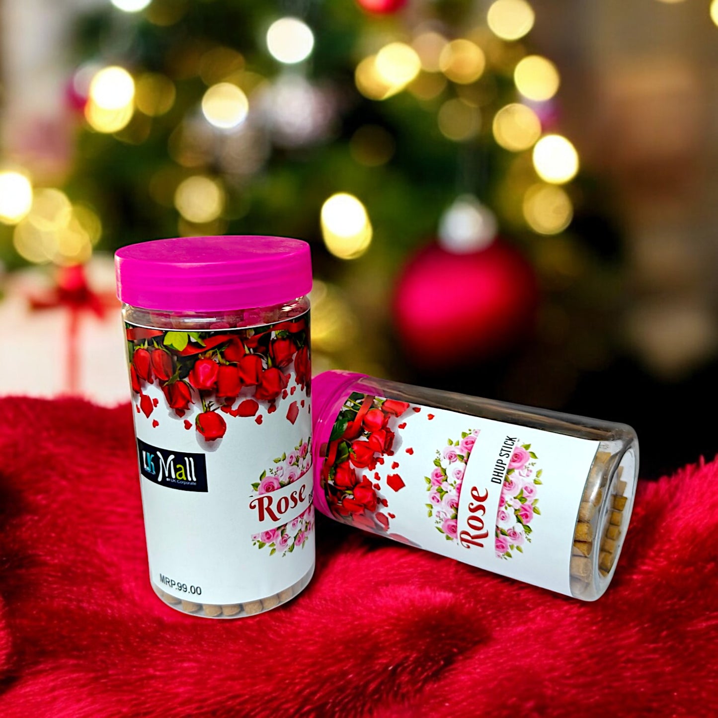 UK-0744 ROSE Dhoop Batti Sticks with dhoop Stand Holder in Box , Dhoop for Pooja, 1 Jar X 100g (buy 1 get 1 free)
