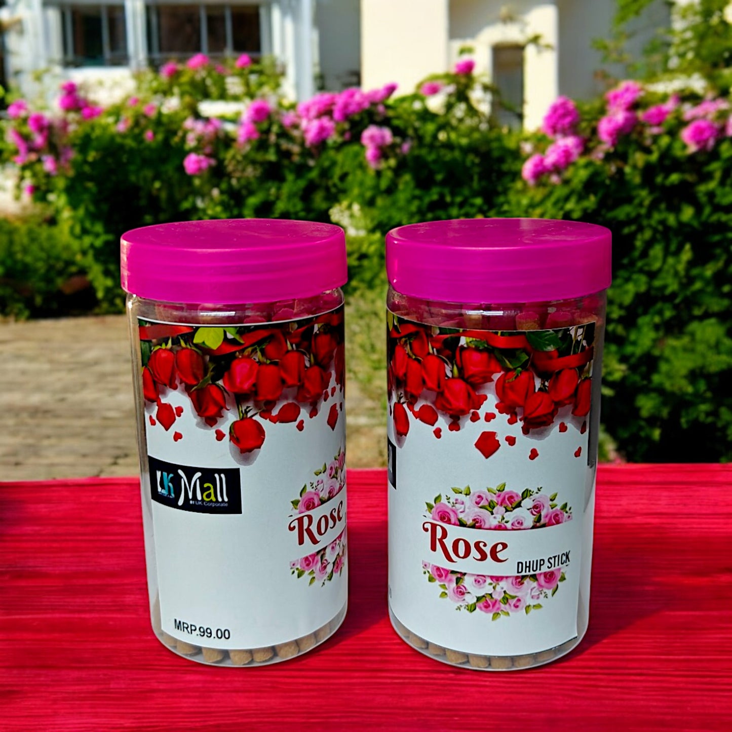 UK-0744 ROSE Dhoop Batti Sticks with dhoop Stand Holder in Box , Dhoop for Pooja, 1 Jar X 100g (buy 1 get 1 free)