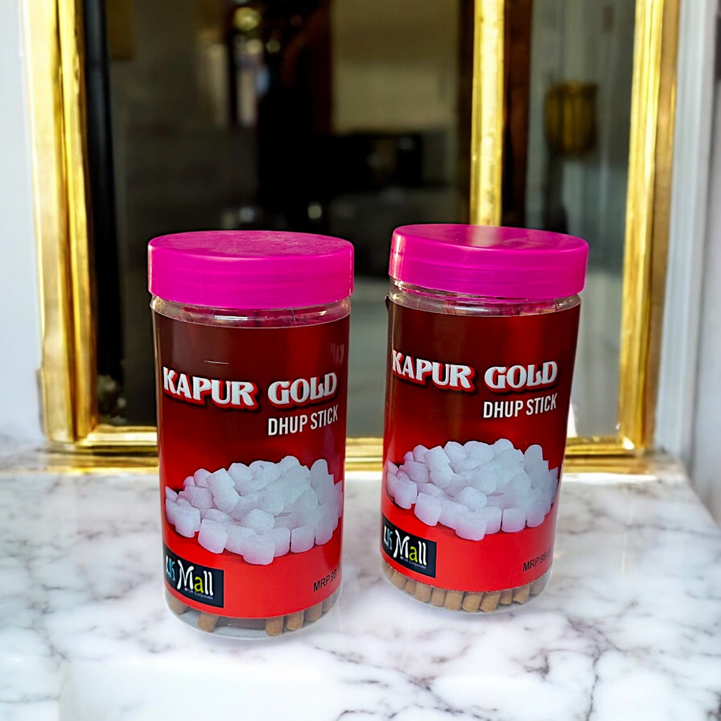 UK-0746 KAPUR GOLD Dhoop Batti Sticks with dhoop Stand Holder in Box , Dhoop for Pooja, 1 Jar X 100g (buy 1 get 1 free)