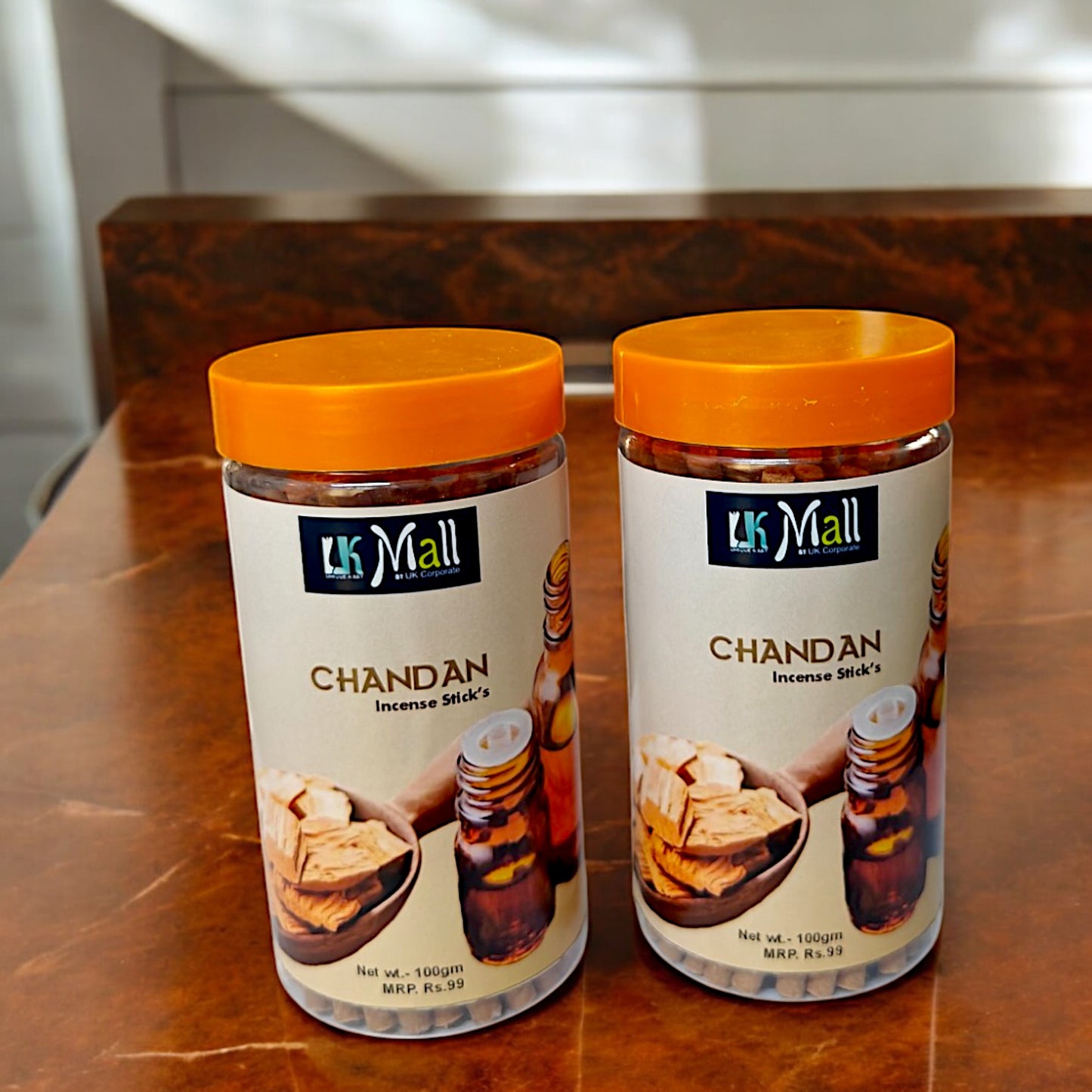 UK-0752 CHANDAN Dhoop Batti Sticks with dhoop Stand Holder in Box , Dhoop for Pooja, 1 Jar X 100g (buy 1 get 1 free)