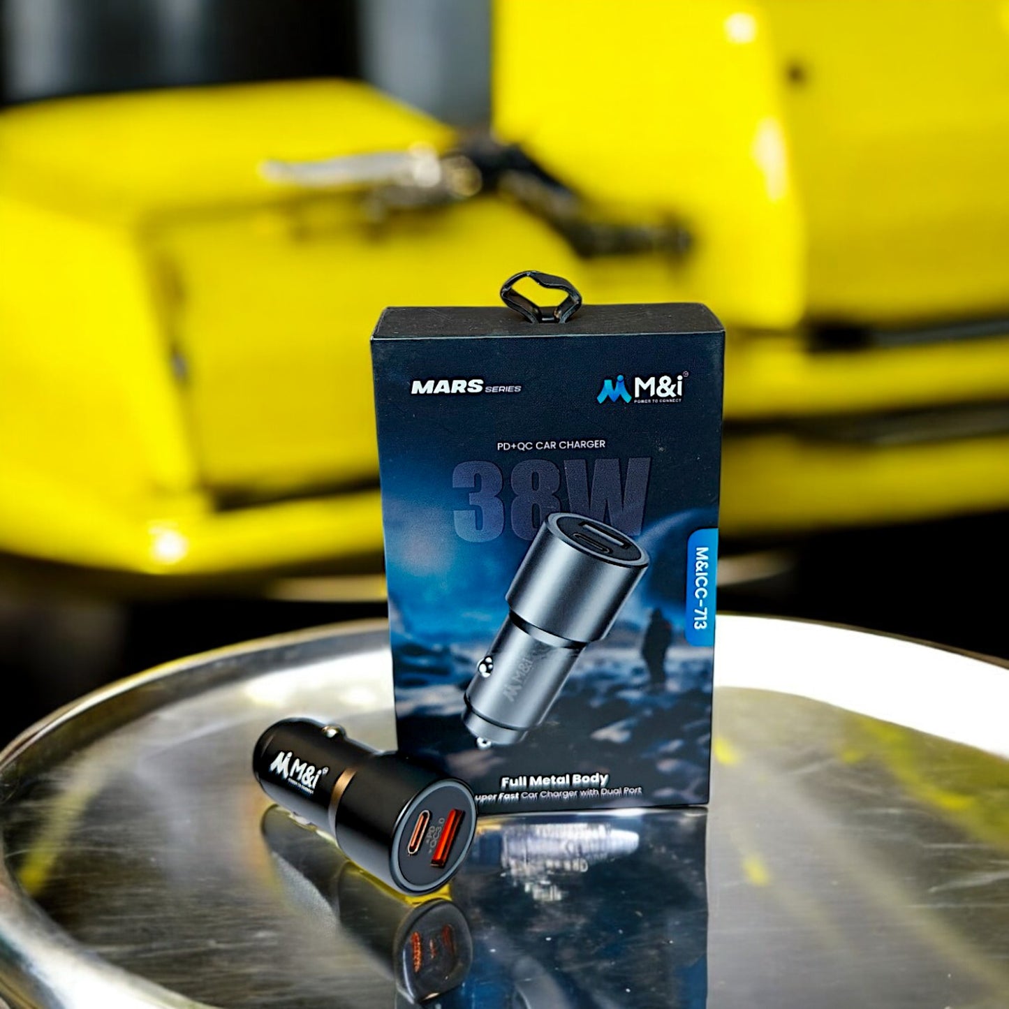 UK-0778 M&i 38 Watts Car Charger, Dual Output (USB + Type C), Rapid Charge, Compact Design, with Over Current & Short Circuit Protection