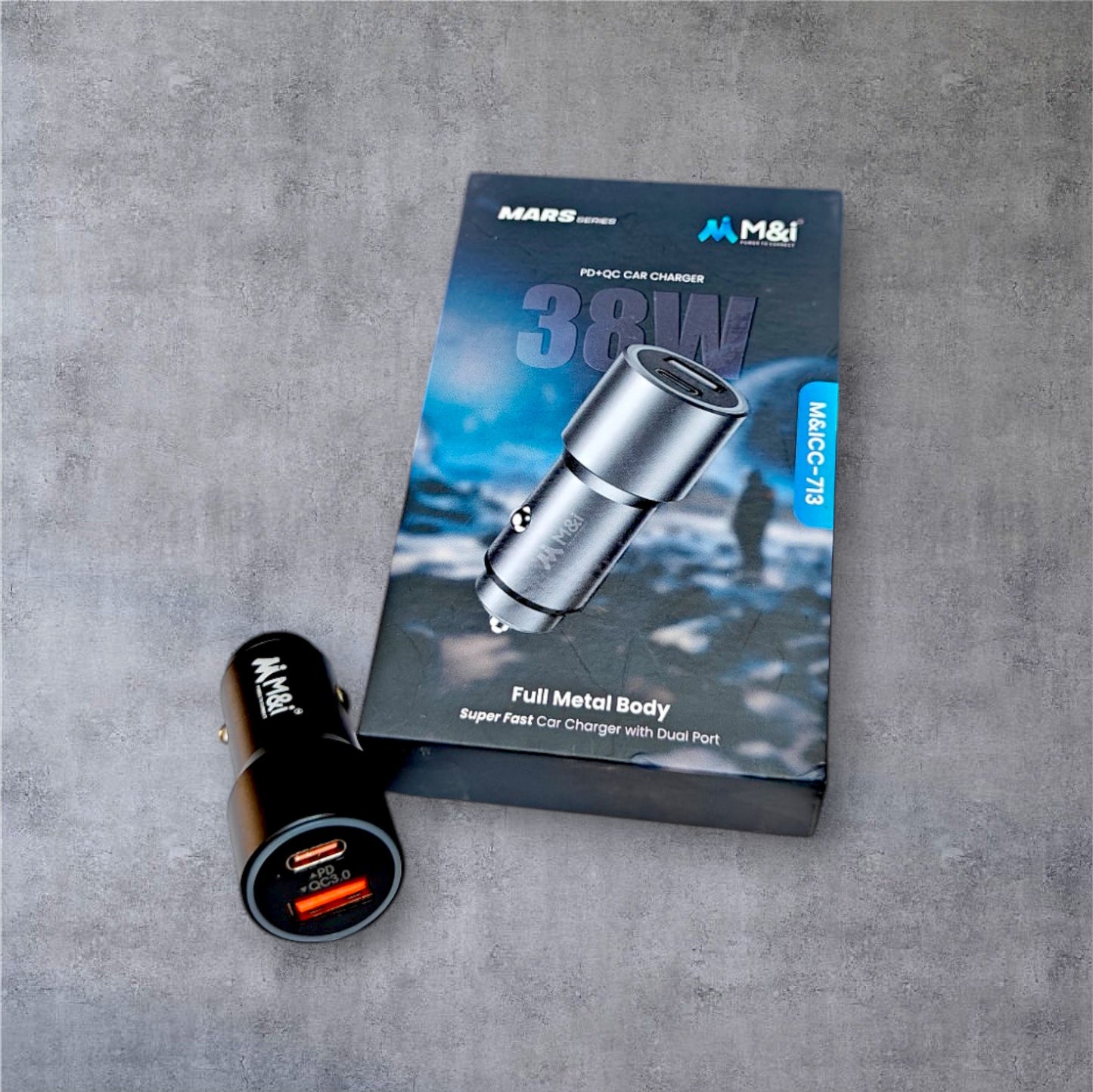 UK-0778 M&i 38 Watts Car Charger, Dual Output (USB + Type C), Rapid Charge, Compact Design, with Over Current & Short Circuit Protection