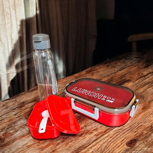 UK-0832 Students Lunch Box Leak Proof and 1 Pic Spoon With Water Bottle , Colour for School & Office Make in India Product (Multicolor)