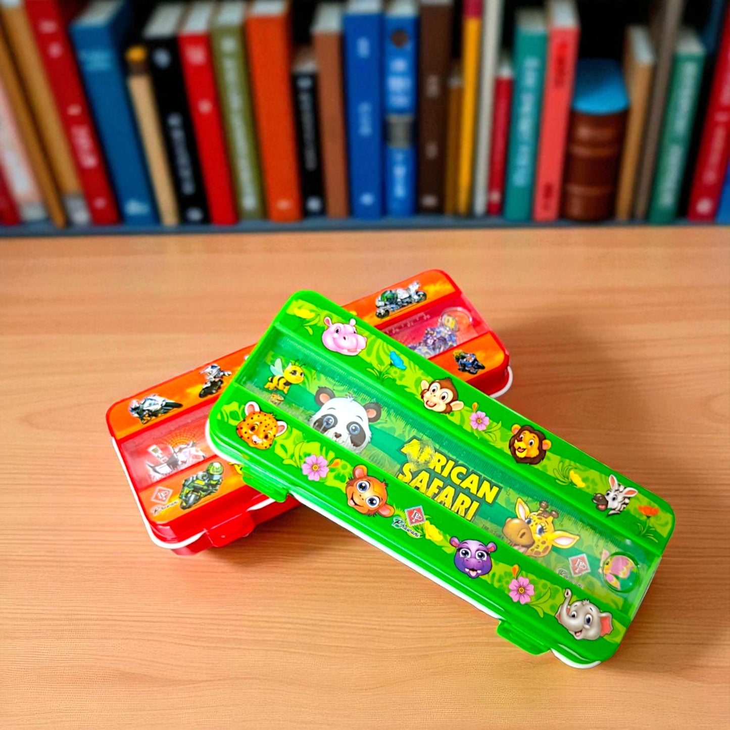 UK-0934 Ruler Compass Box Plastic Two Iron Balls Car Racing Game on Front School Pencil | Geometry | Stationery Box with Single Lock Dual Compartment and a Stencil Partition Tray