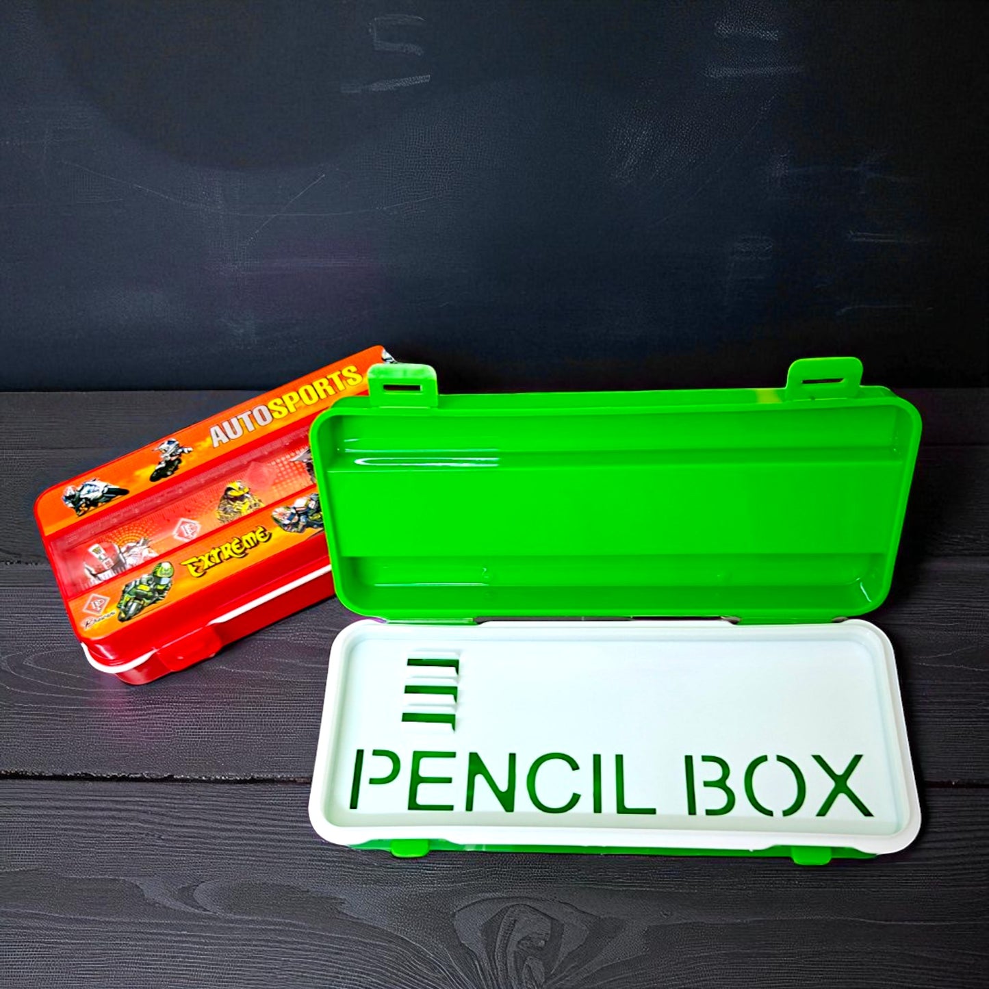UK-0934 Ruler Compass Box Plastic Two Iron Balls Car Racing Game on Front School Pencil | Geometry | Stationery Box with Single Lock Dual Compartment and a Stencil Partition Tray
