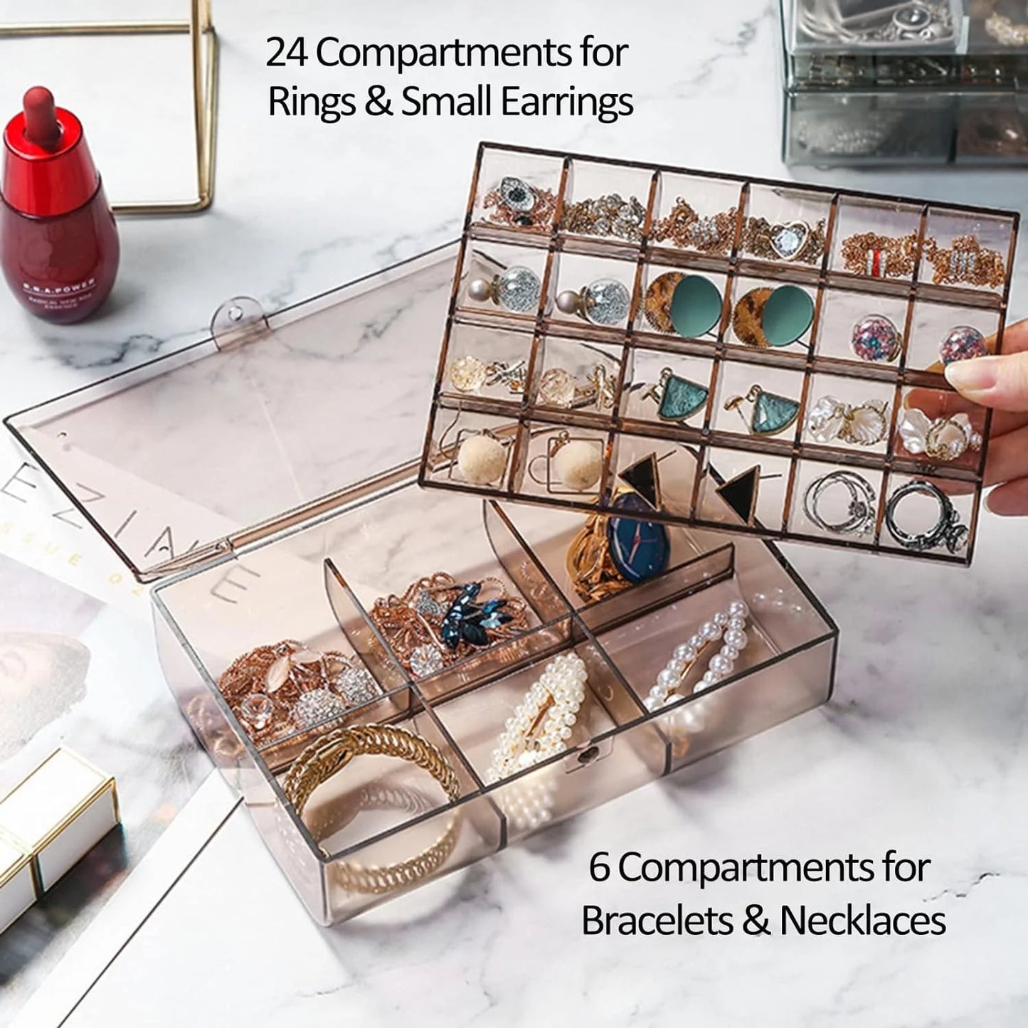 UK-0355 Clear Acrylic Jewelry Organizer Box with 2 Drawers and 30 Compartments, Small Dustproof Jewelry Box for Women and Girls, Earring Display Holder