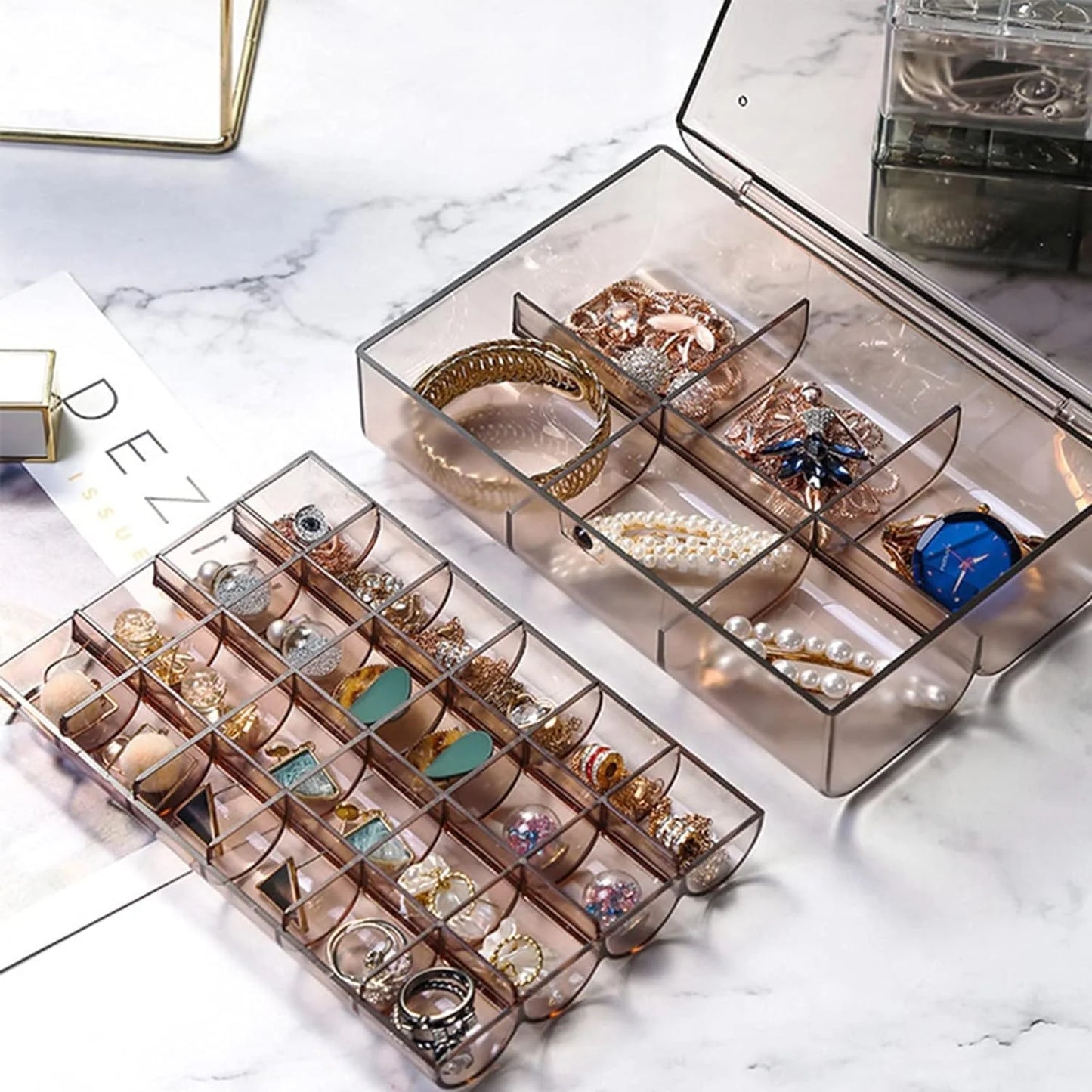 UK-0355 Clear Acrylic Jewelry Organizer Box with 2 Drawers and 30 Compartments, Small Dustproof Jewelry Box for Women and Girls, Earring Display Holder