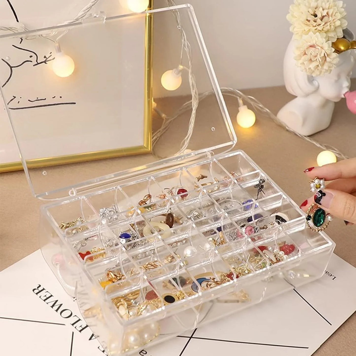 UK-0355 Clear Acrylic Jewelry Organizer Box with 2 Drawers and 30 Compartments, Small Dustproof Jewelry Box for Women and Girls, Earring Display Holder