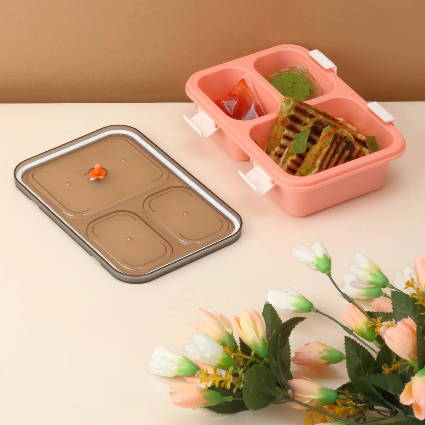 UK-0383 Lunch Box for Kids – 3 Compartment Insulated Lunch Box Plastic Tiffin Box for Boys, Girls, School & Office Men