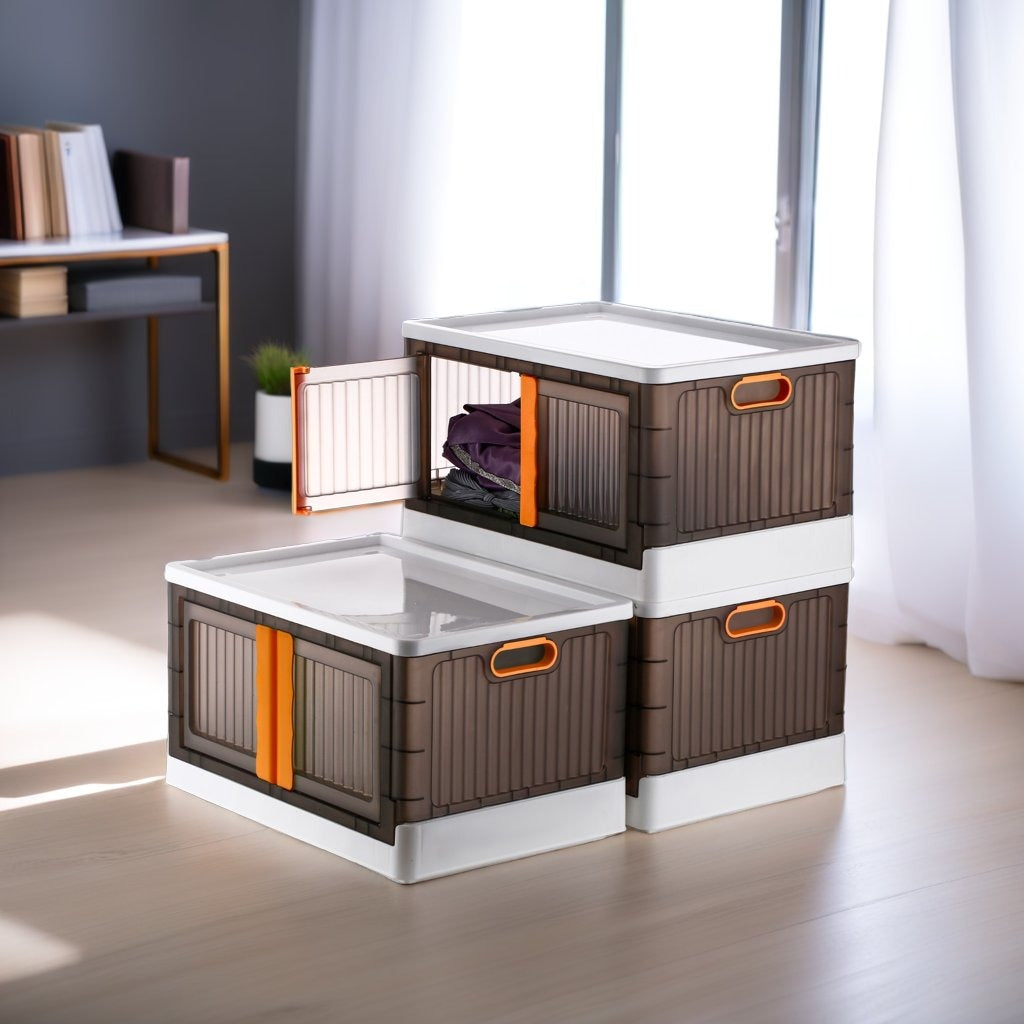 UK-0727 Folding Storage Cabinet, Bottom Roller Stackable Toy Storage 72L 2 Opening Modes PP Foldable for Kitchen