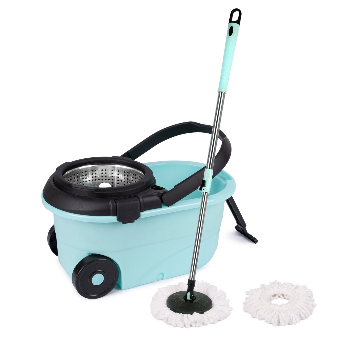 UK-0750 Spin Mop with Bucket for Floor Cleaning with Big Wheels and Stainless Steel Wringer, 2 Microfiber Refills