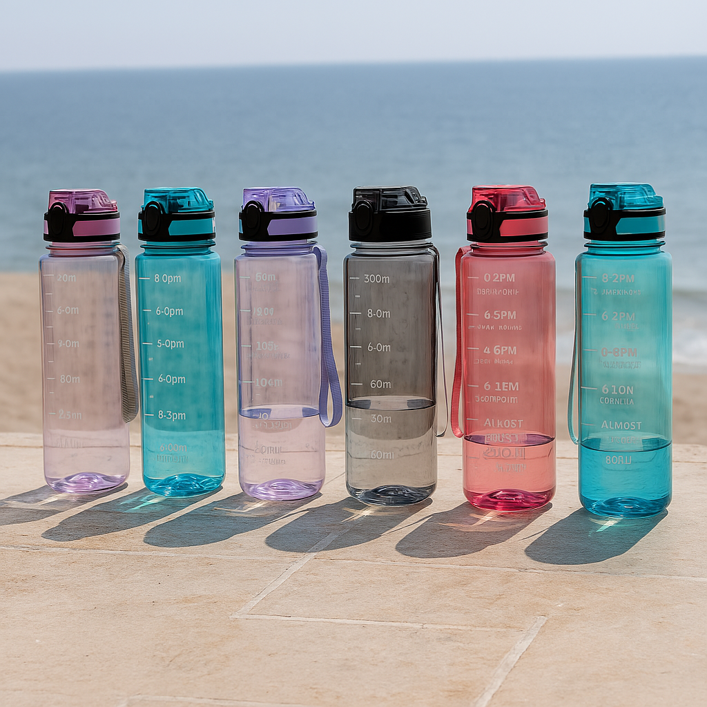 UK-0919 900ML Capacity Belt Straw Transparent Motivational Water Bottles with Time Marker Leak proof & break-proof | Best Usage for Office/School/College/Gym/Travel Bottle | BPA-Free Fitness Sports Bottle