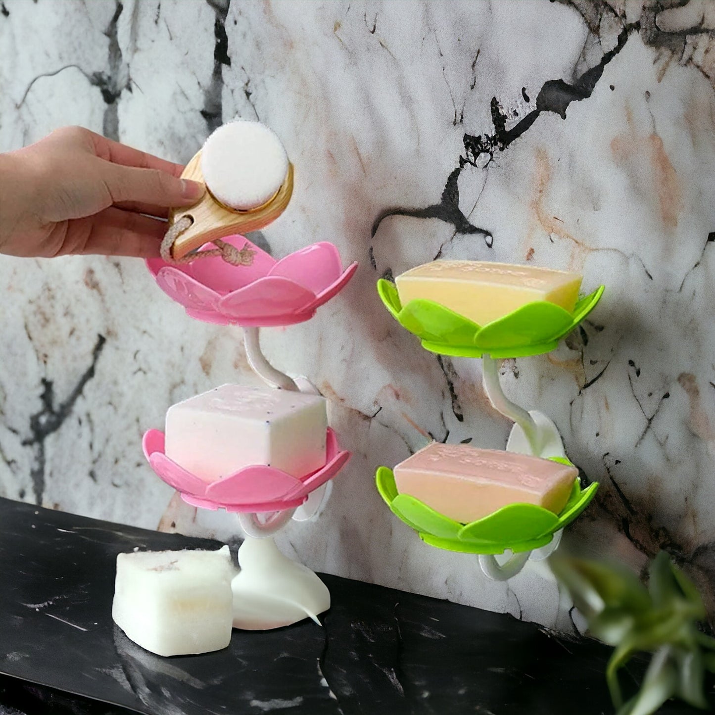UK-0343 Wall- Mounted Drain Soap Box Double Layer Lotus Flower Shaped Soap Tray Removable Soap Dish Non- Slip Storage Self- Adhesive Bathroom Accessories (Multi-Color)