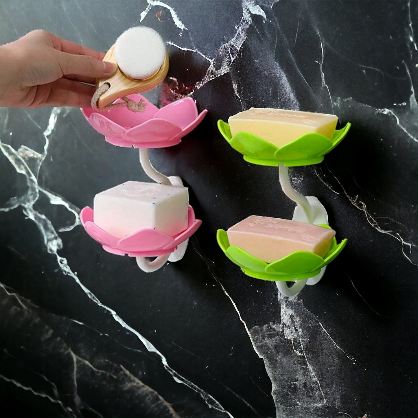 UK-0343 Wall- Mounted Drain Soap Box Double Layer Lotus Flower Shaped Soap Tray Removable Soap Dish Non- Slip Storage Self- Adhesive Bathroom Accessories (Multi-Color)