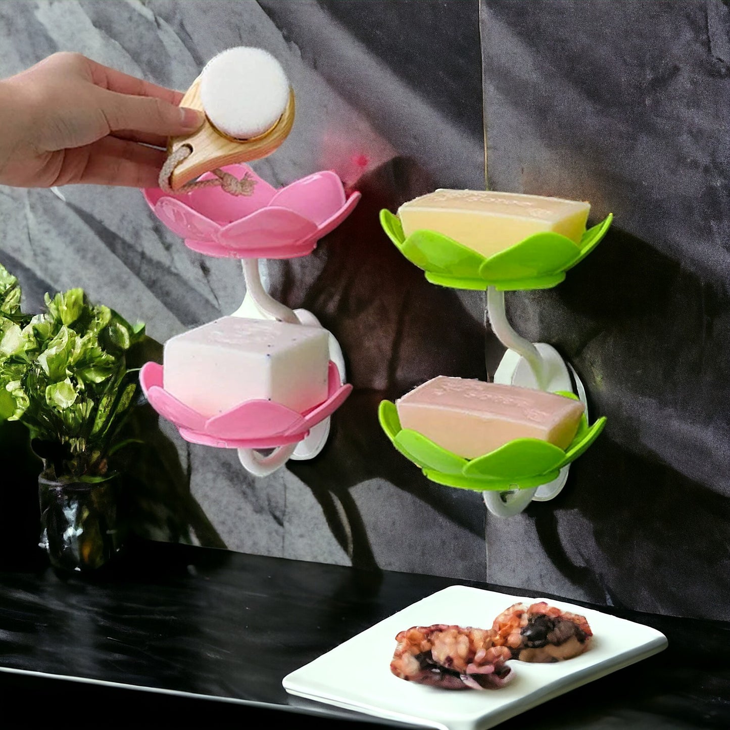 UK-0343 Wall- Mounted Drain Soap Box Double Layer Lotus Flower Shaped Soap Tray Removable Soap Dish Non- Slip Storage Self- Adhesive Bathroom Accessories (Multi-Color)