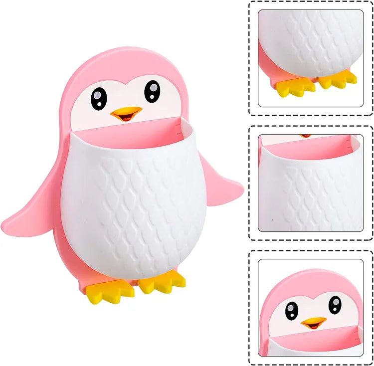 UK-0094 Penguin Design Holder for Toothpaste and Also Holder for Stationery Items Plastic Toothbrush Holder (Multicolor, Wall Mount)