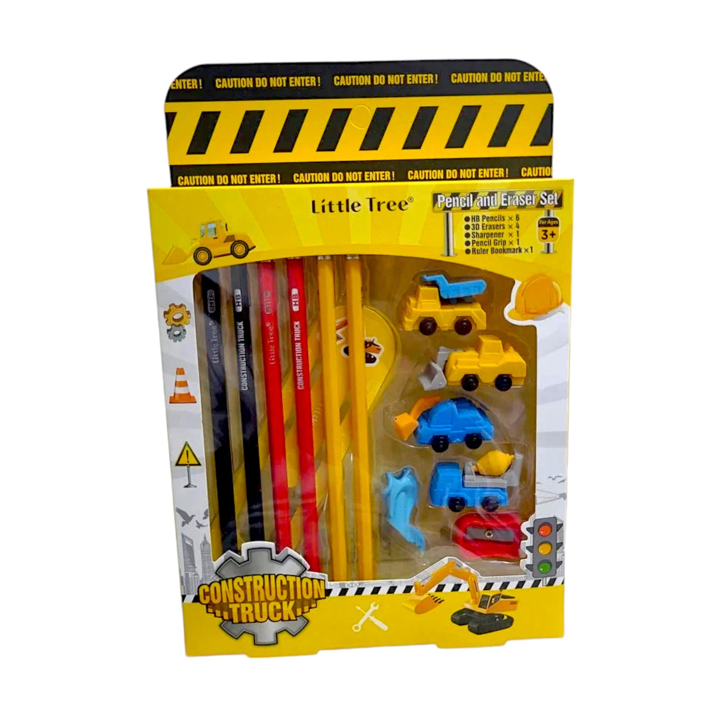 UK-0559 Pencil and Eraser Set, Construction Truck Theme Stationery Kit Includes 6 Pencils, 4 Erasers, 1 Sharpener, 1 Ruler Bookmark, 1 Pencil Cap Stationary