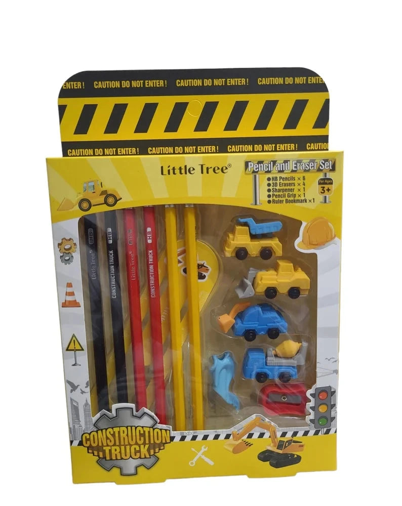 UK-0559 Pencil and Eraser Set, Construction Truck Theme Stationery Kit Includes 6 Pencils, 4 Erasers, 1 Sharpener, 1 Ruler Bookmark, 1 Pencil Cap Stationary