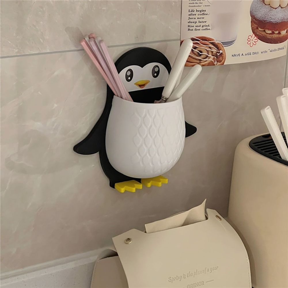 UK-0094 Penguin Design Holder for Toothpaste and Also Holder for Stationery Items Plastic Toothbrush Holder (Multicolor, Wall Mount)