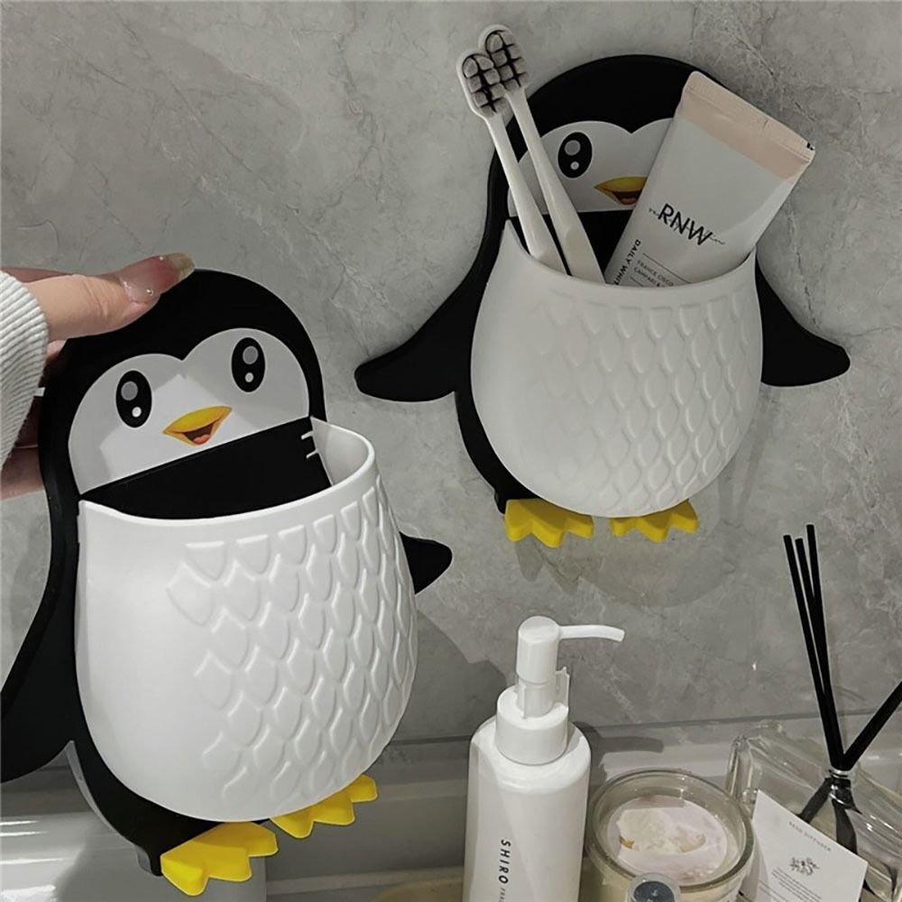 UK-0094 Penguin Design Holder for Toothpaste and Also Holder for Stationery Items Plastic Toothbrush Holder (Multicolor, Wall Mount)