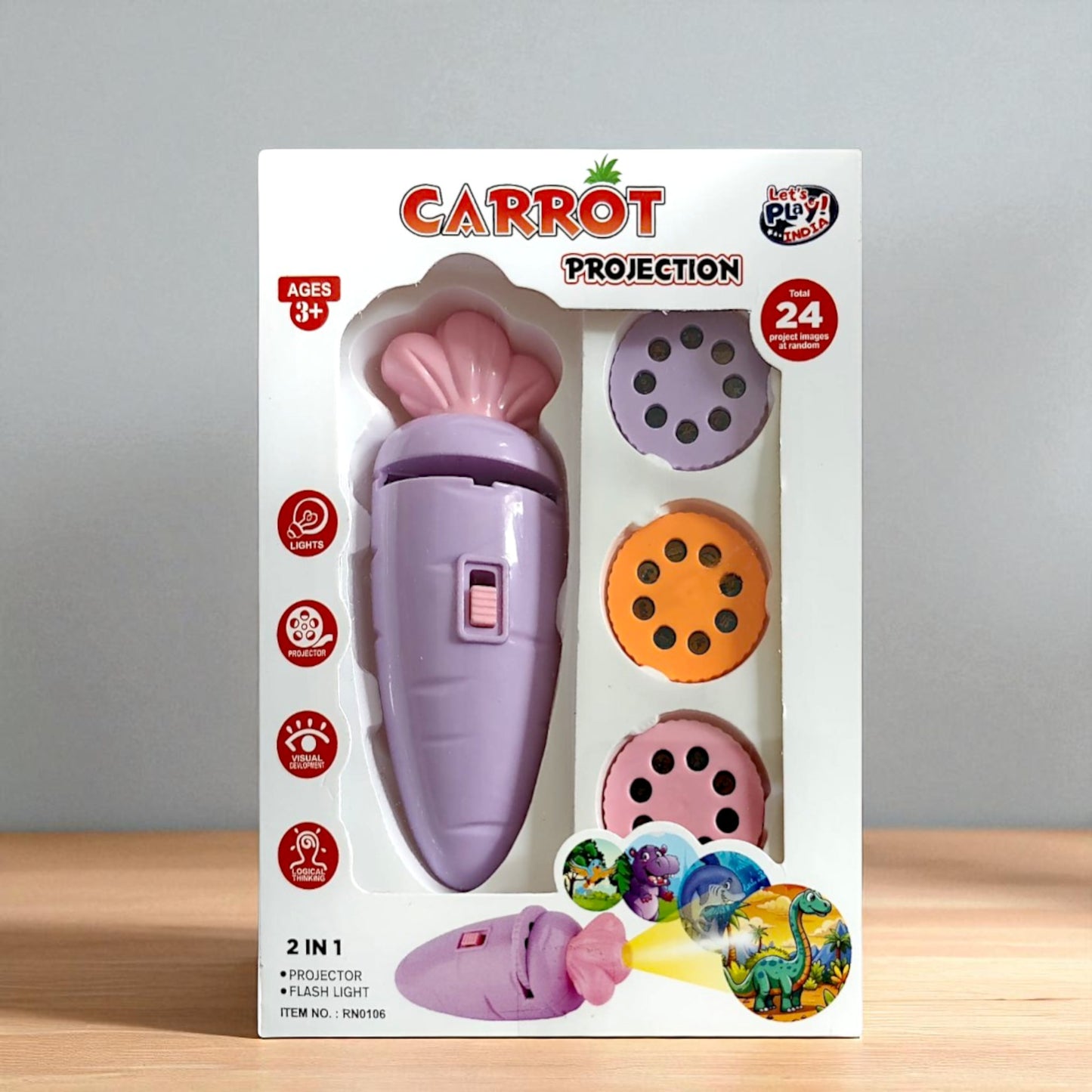 UK-0949 2-in-1 Carrot Shape Projector Flashlight with 24 Animals Images Toy