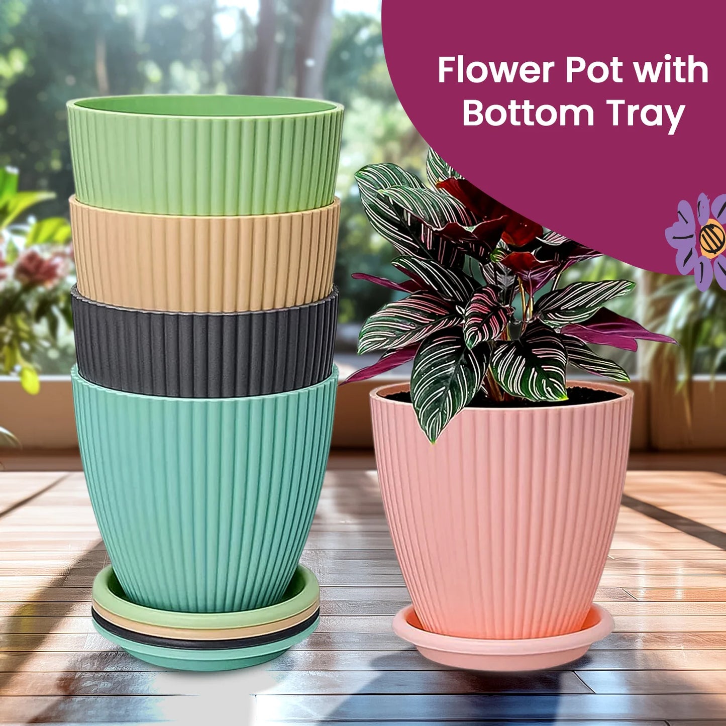 UK-0471 Plastic Round Flower Pots with Bottom Tray Set of 5 Pots for Home Decor and Balcony, Terrace Indoor & Outdoor Pots 5 pcs Multicolor Flower Planters