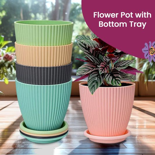 UK-0471 Plastic Round Flower Pots with Bottom Tray Set of 5 Pots for Home Decor and Balcony, Terrace Indoor & Outdoor Pots 5 pcs Multicolor Flower Planters