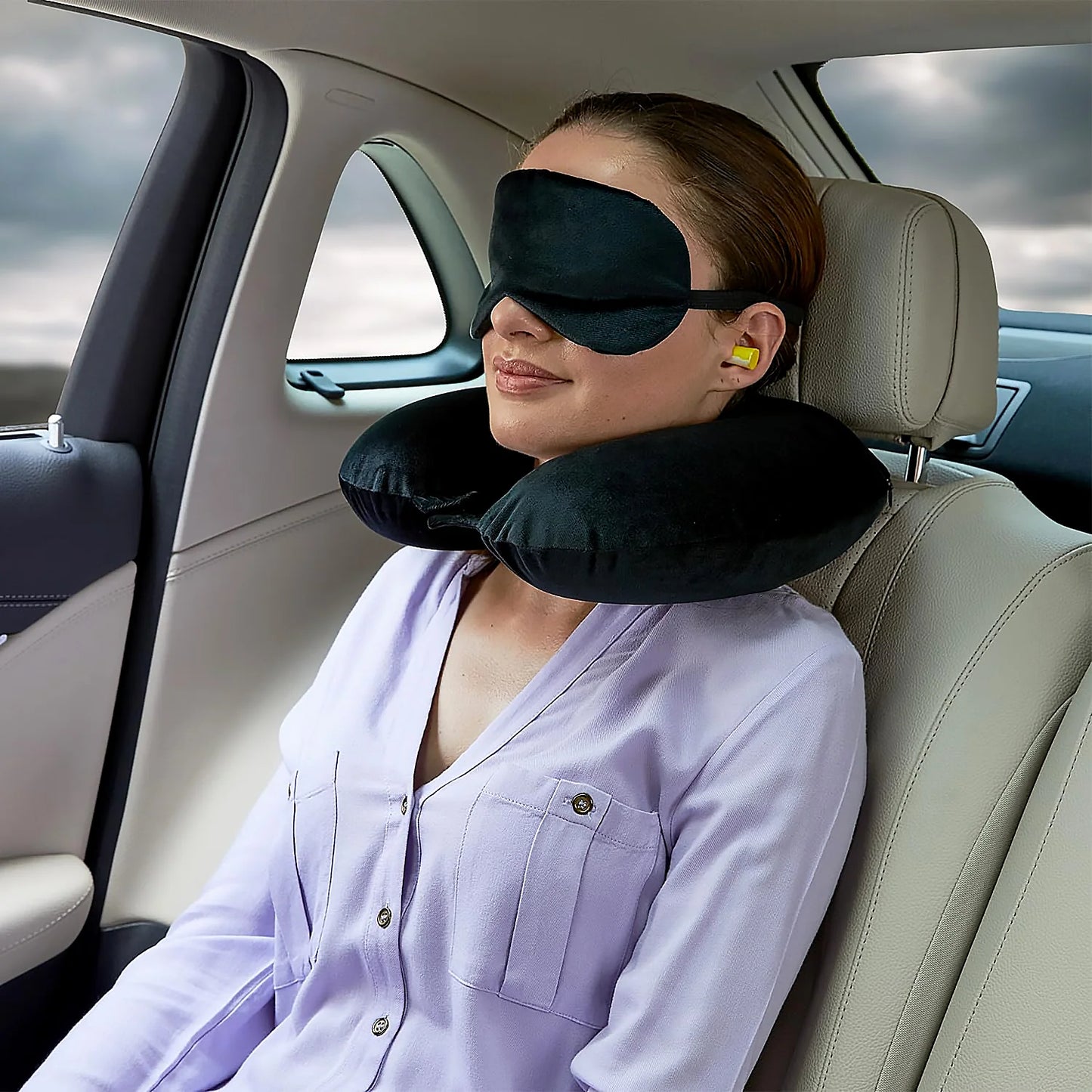 UK-0379 Neck Pillow for Travel, 1 Piece Set Head Rest Combination, with Premium Eye Mask and Earplug, Men and Women Flights Inflatable Travel Pillow, for Planes