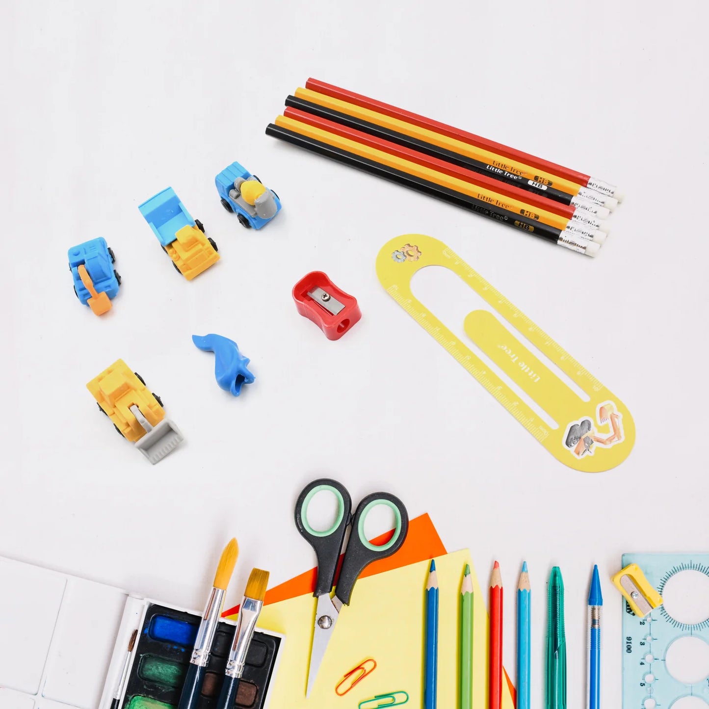 UK-0559 Pencil and Eraser Set, Construction Truck Theme Stationery Kit Includes 6 Pencils, 4 Erasers, 1 Sharpener, 1 Ruler Bookmark, 1 Pencil Cap Stationary