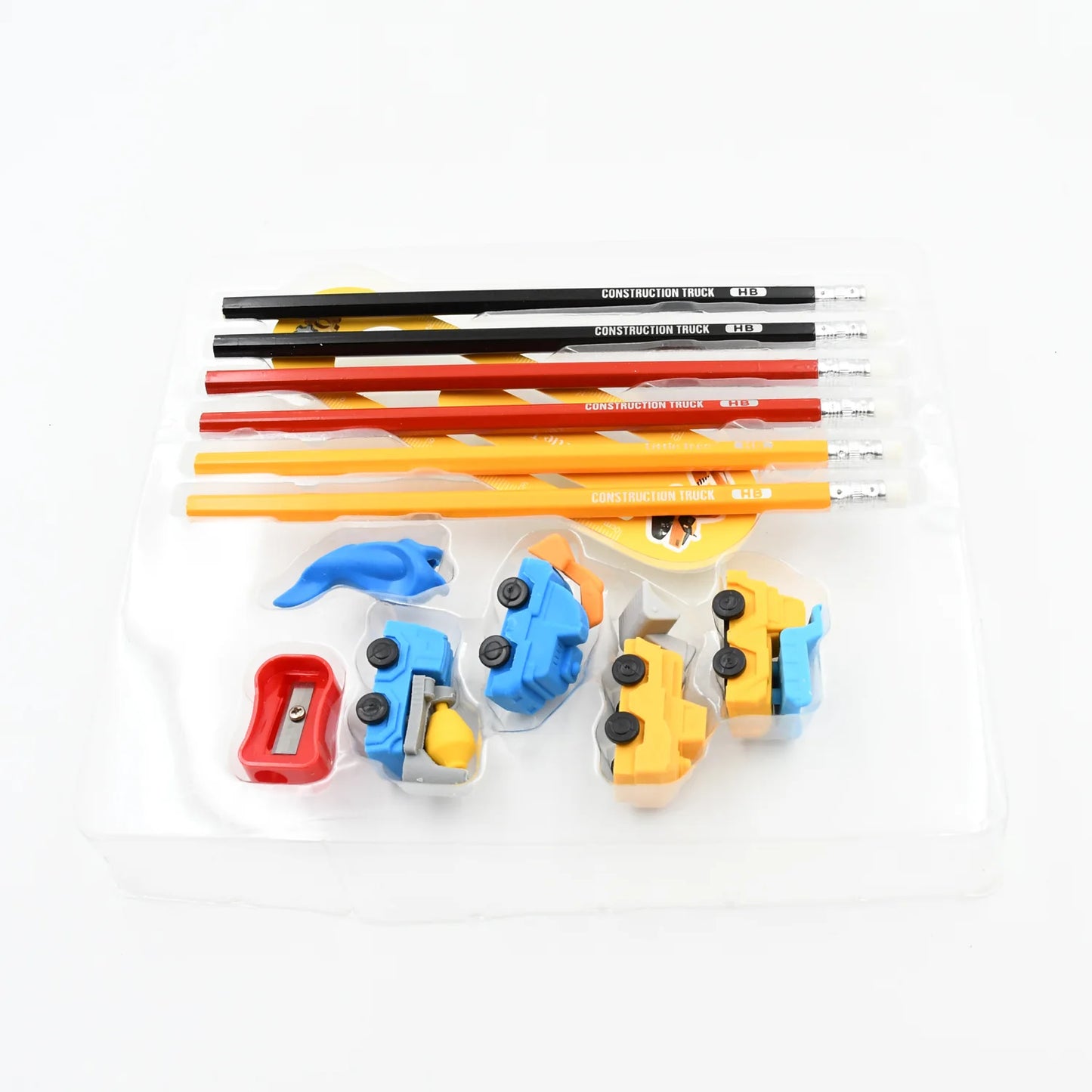 UK-0559 Pencil and Eraser Set, Construction Truck Theme Stationery Kit Includes 6 Pencils, 4 Erasers, 1 Sharpener, 1 Ruler Bookmark, 1 Pencil Cap Stationary