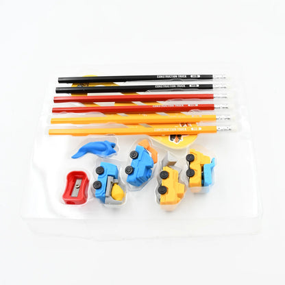 UK-0559 Pencil and Eraser Set, Construction Truck Theme Stationery Kit Includes 6 Pencils, 4 Erasers, 1 Sharpener, 1 Ruler Bookmark, 1 Pencil Cap Stationary