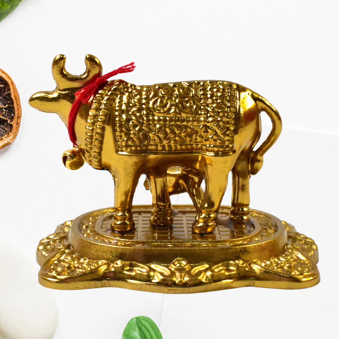 UK-0994 Golden Kamdhenu Cow and Calf Idol for Home Decor | Decorative Showpiece for Mandir, Office & Gift Purpose