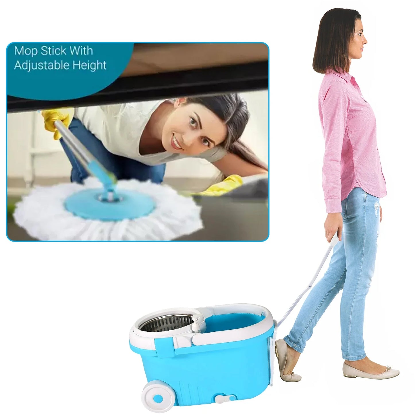 UK-0181 Ganesh Prime Plus Steel Spin Mop, Rectangular Plastic Bucket Floor Cleaning Mop with Bucket, Easy in-built Big Wheels & Big Bucket, Pocha for floor cleaning