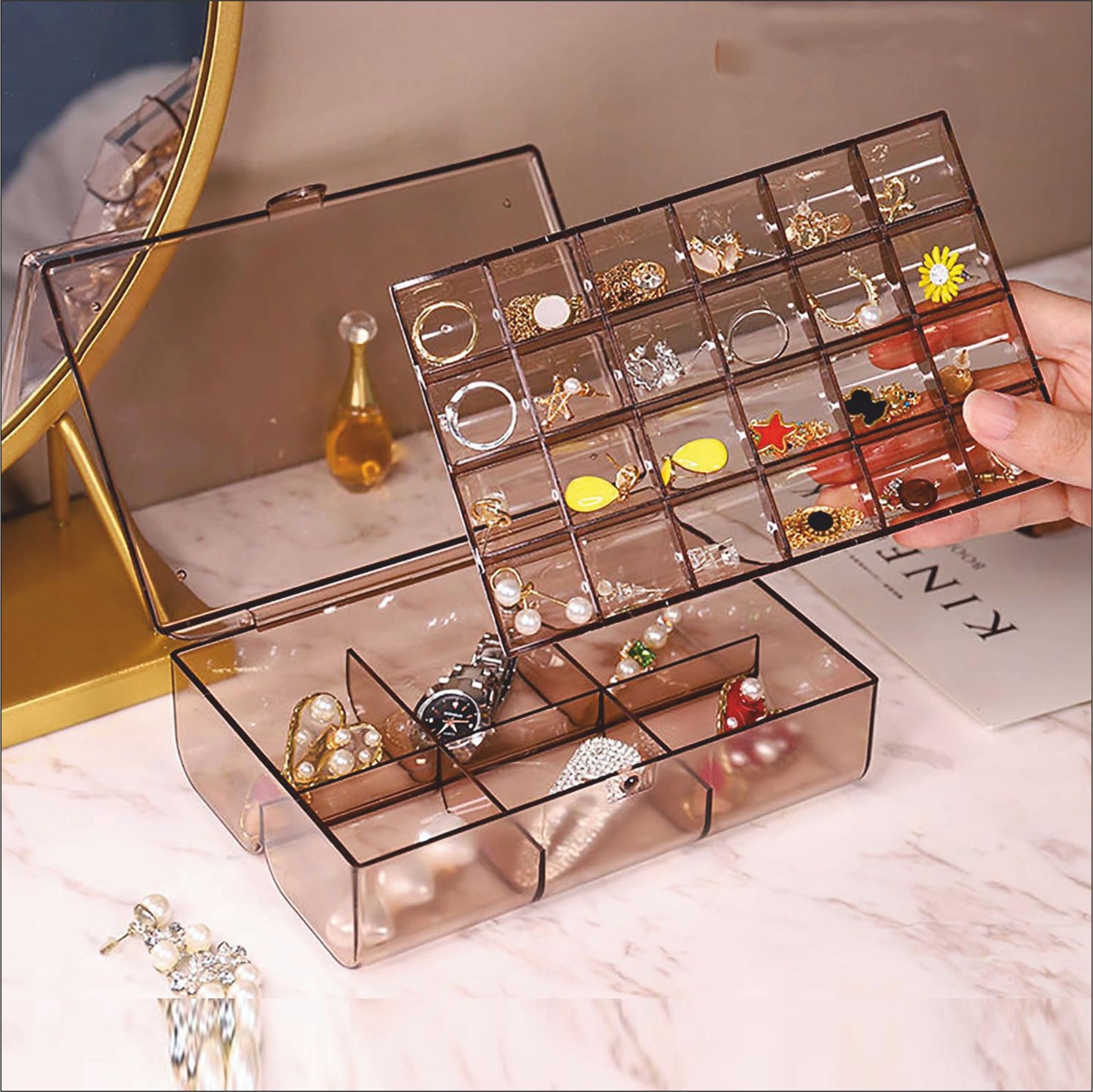 UK-0355  Clear Acrylic Jewelry Organizer Box with 2 Drawers and 30 Compartments, Small Dustproof Jewelry Box for Women and Girls, Earring Display Holder