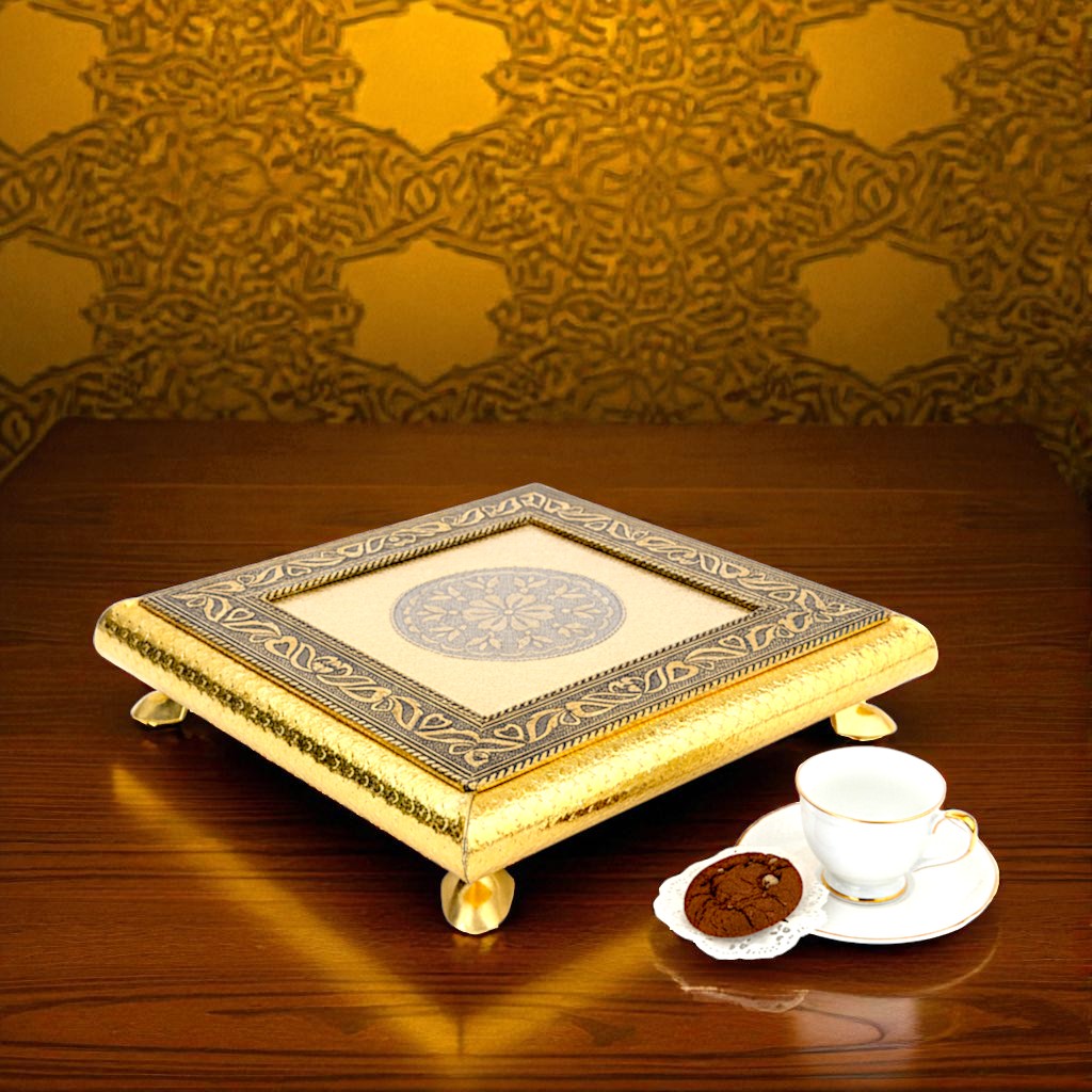 UK-1006 Golden - Square Pooja Chowki Patla/Bajot (20×20 CM / 1 Pc)