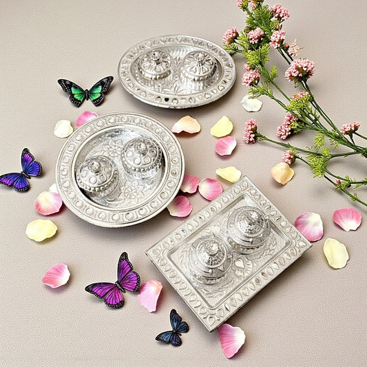 UK-1000 Silver Plated Haldi Kumkum Holder with Plate for Home Decorative Occasion for Festival (1PC MIX DESIGN)
