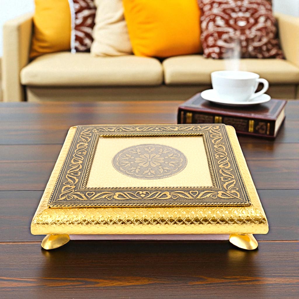 UK-1006 Golden - Square Pooja Chowki Patla/Bajot (20×20 CM / 1 Pc)